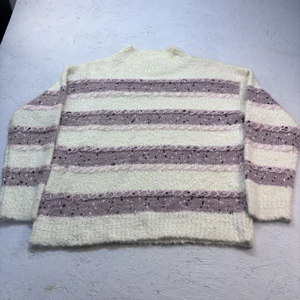 Absolutely Creative Worldwide Women's Fuzzy Striped Sweater L Cream Mauve Knit - Image 4