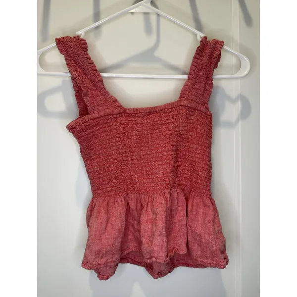 Anthropologie Maeve Schuyler Smocked Peplum Linen Bland Blouse XS Heather Red - Image 4