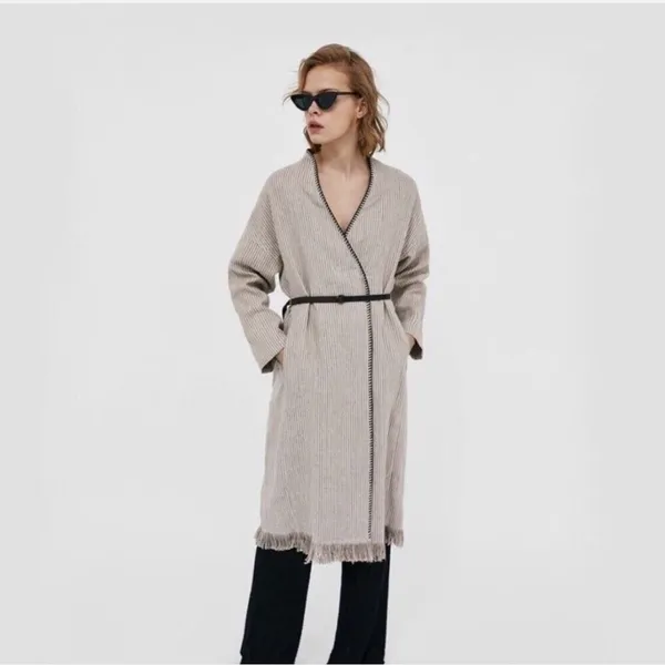 Zara Woman 100% Linen Striped Duster Coat Whipstitch Trim Beige XS Open‎ Front - Image 4