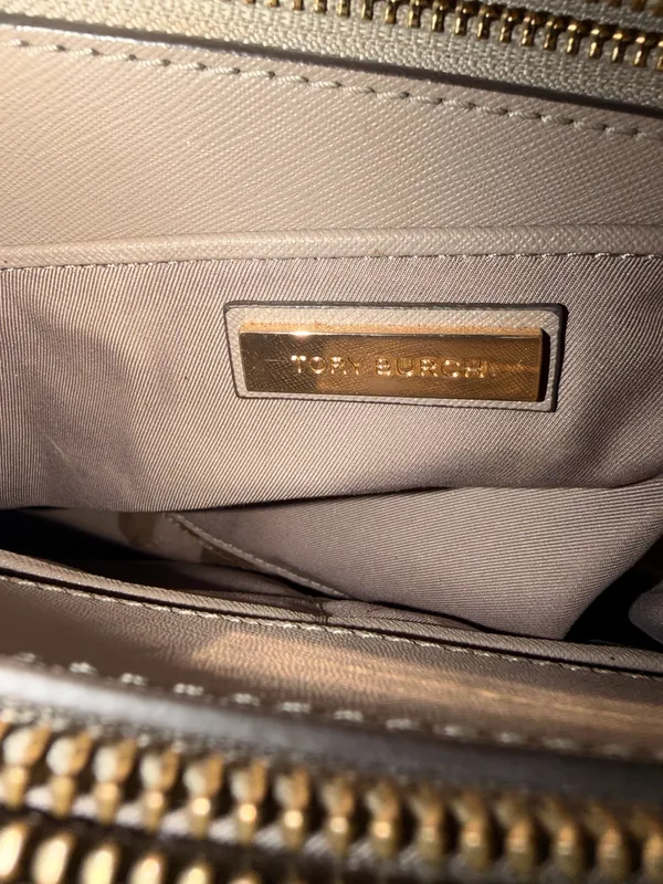 Tory Burch Taupe Gray Structured Tote Bag | Gold Hardware| Large Purse - Image 7