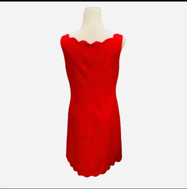 Vintage 90s Laundry Red Mini Scallop Sheath Shift Dress Scalloped 10 Party - Image 3