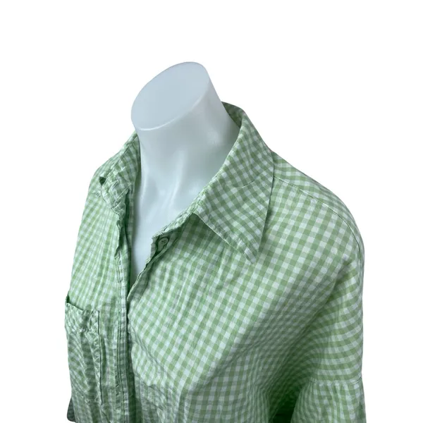 Stradivarius Green Gingham Check Collared Long Sleeve Button Down Shirt Top Sz S - Image 3