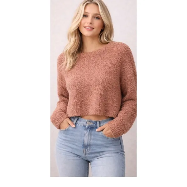 Aerie Sweater Womens XL‎ Tan Cropped Popcorn Knit Fuzzy Cozy Loungewear - Image 2