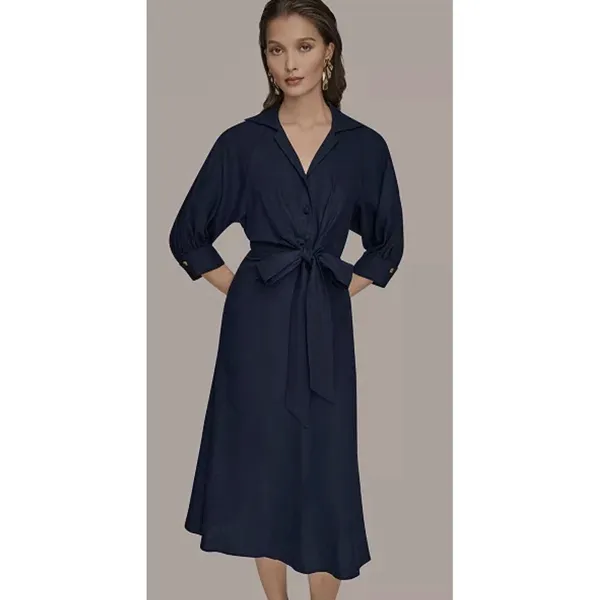 Donna Karan New York Women's Collared 3/4-Sleeve Midi Dress Size 6 Navy Linen - Image 2