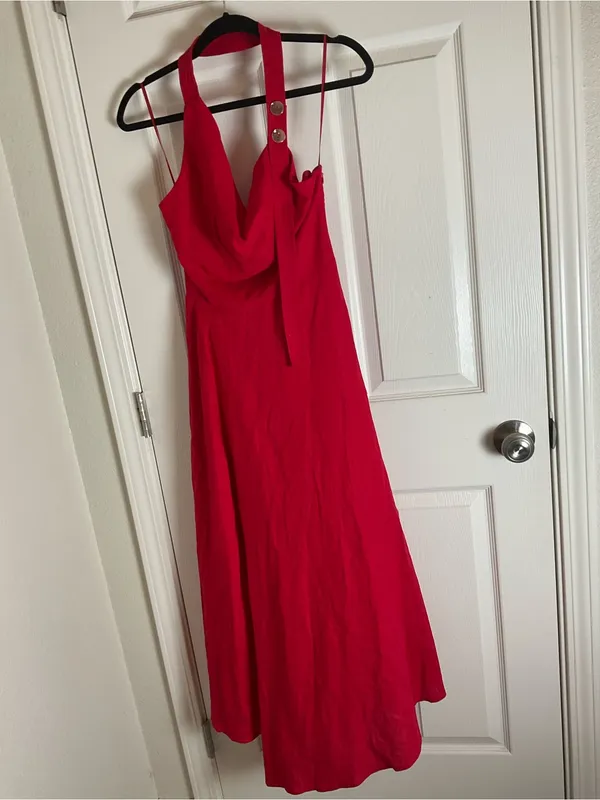 Zara Red Linen Blend Halter Midi Dress Size S Cowl Neck Tortoiseshell Buttons - Image 3