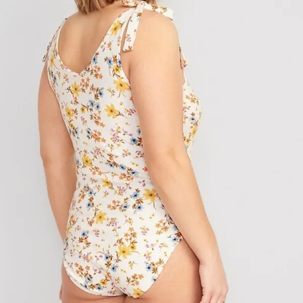 Old Navy Printed Tie-Shoulder V-Neck Rib-Knit Bodysuit - White Floral Size M - Image 3