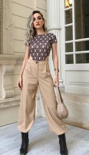 Bershka high waisted beige tan wide leg pants - Image 2