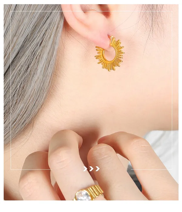 Gold Sun Rays Open Hoop Earrings - Image 3