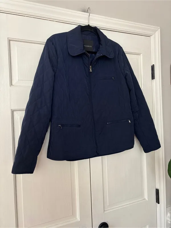 Talbots Navy Quilted Lightweight Puffer Jacket Size Large Ribbed Sides‎ Full Zip - Image 2