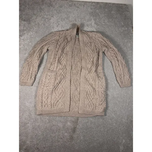 Aran Crafts Ireland Tan Chunky Cable Knit Wool Open Front Cardigan W Pockets‎ Xs - Image 3