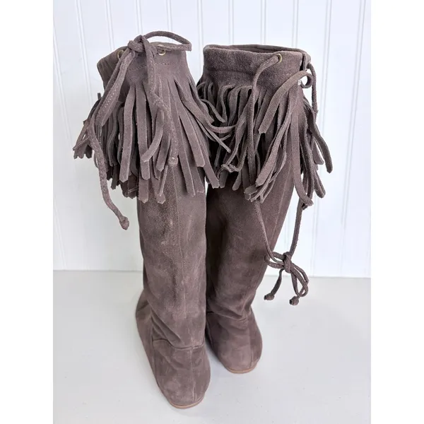 Daniblack Chocolate Brown Suede Fringe Collar Drawstring Tall Boot Flat 8.5M - Image 10