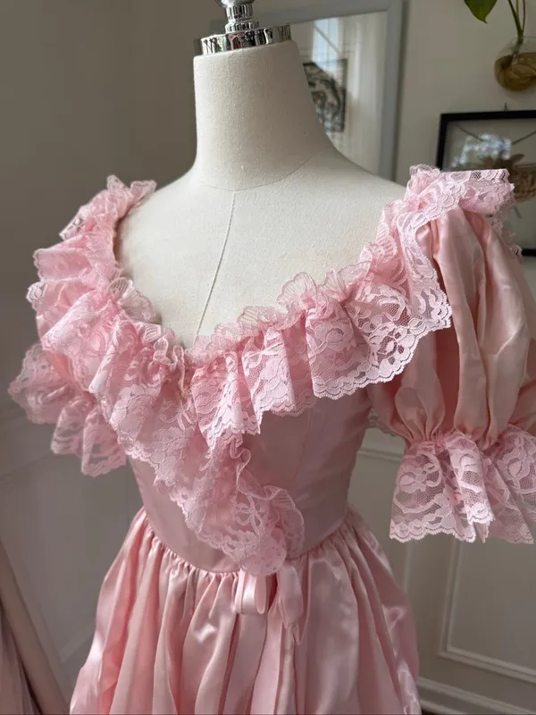 Vintage 80s Loralie Pink Southern Belle Bo Peep Prom Dress Gown XS - Image 4