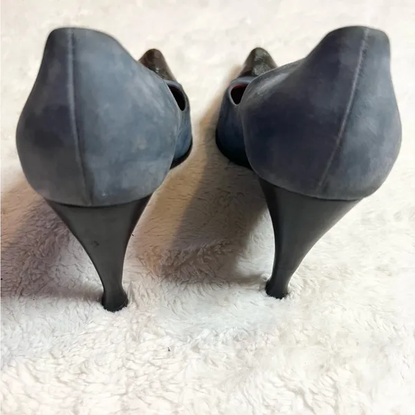 Sergio Rossi Pointed Toe Heals Blue Suede & Embossed Brown Leather Size 37 US 7 - Image 10