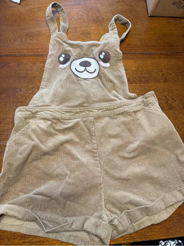 Hot Topic Teddy Bear Corduroy Shortalls Large Cotton Khaki Brown - Image 2
