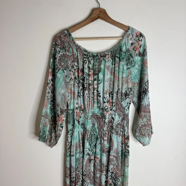 Figueroa & Flower Dress Womens Large Green Paisley Boho Maxi Peasant Button - Image 9