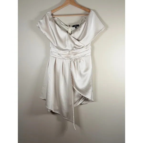 Lulus Champagne Satin Off Shoulder Wrap Ruched Waist Asymmetrical Hem Dress M‎ - Image 2