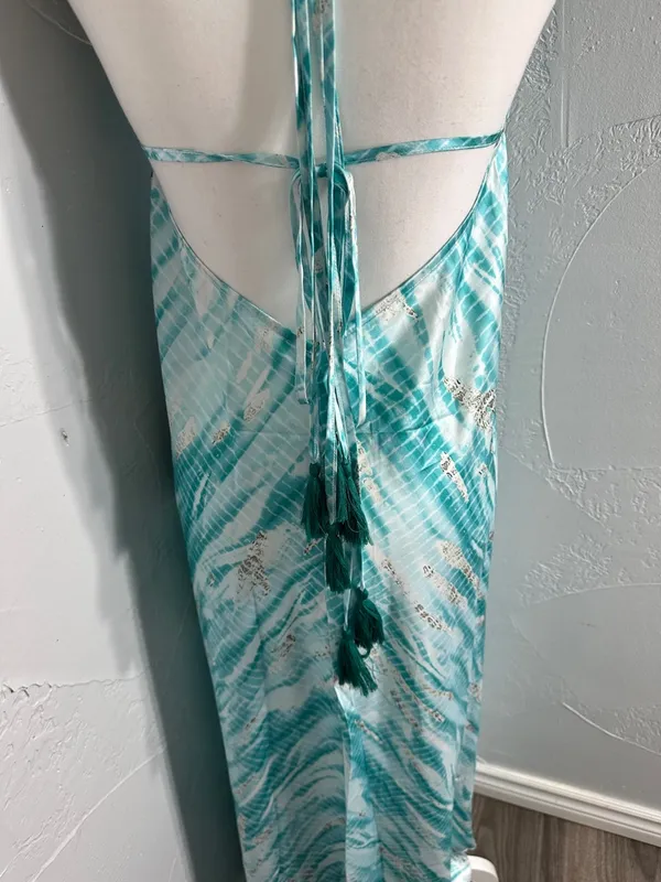 Seafoam Halter Maxi Dress - Flowing Aqua & White Print - Image 8