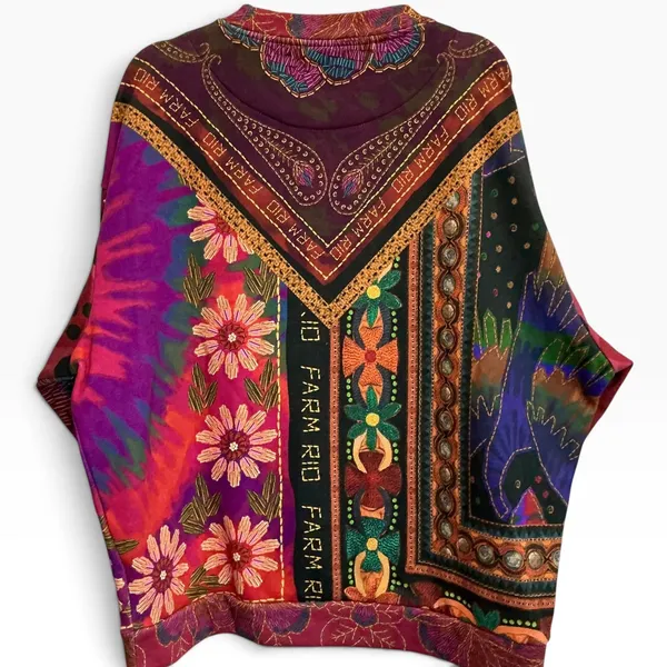 FARM Rio Mixed Scarves Sweatshirt Sun Appliqué Oversized Pullover S Art to Wear - Image 5