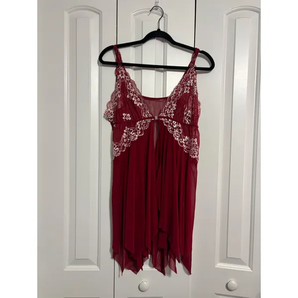 Babydoll Lingerie‎ Chemise Romantic Burgundy Lace Front Clasp Sheer Mesh - Image 2
