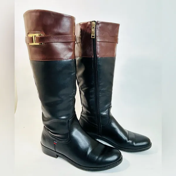 Tommy Hilfiger Leather Riding Boots, Black and Brown Colorblock Design, size 7.5 - Image 3