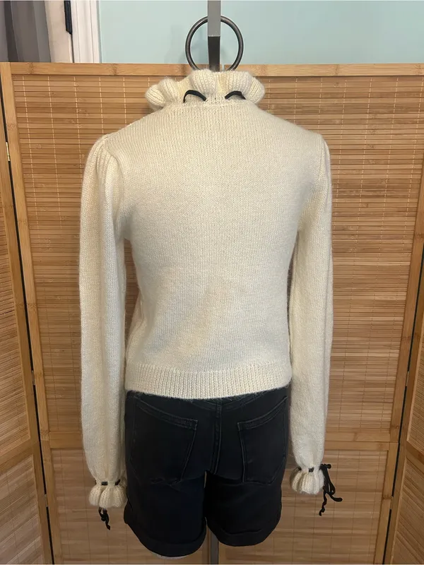 ZARA Ivory Lace Knit Sweater Ruffle Collar Bow Coquette Preppy Academia Small - Image 3