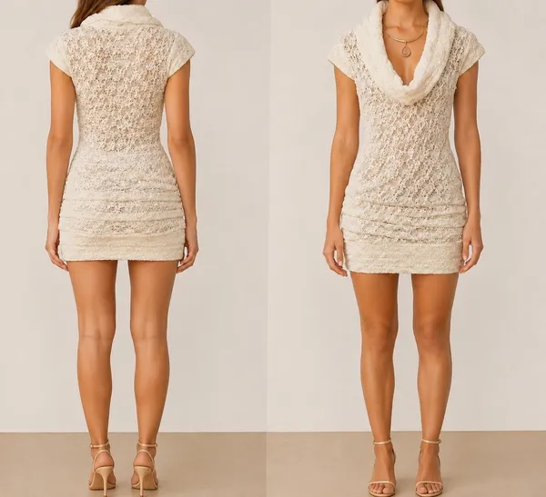 Cache Cream Stretch Lace Pucker Body Hugging Top Tunic New Dress $98 NWT Sz L - Image 2