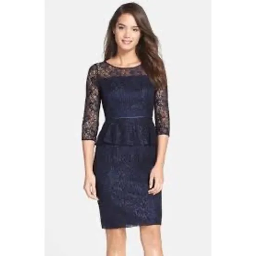 Adrianna Papell navy blue lace peplum sheath dress women's size 10 black‎ tie - Image 3