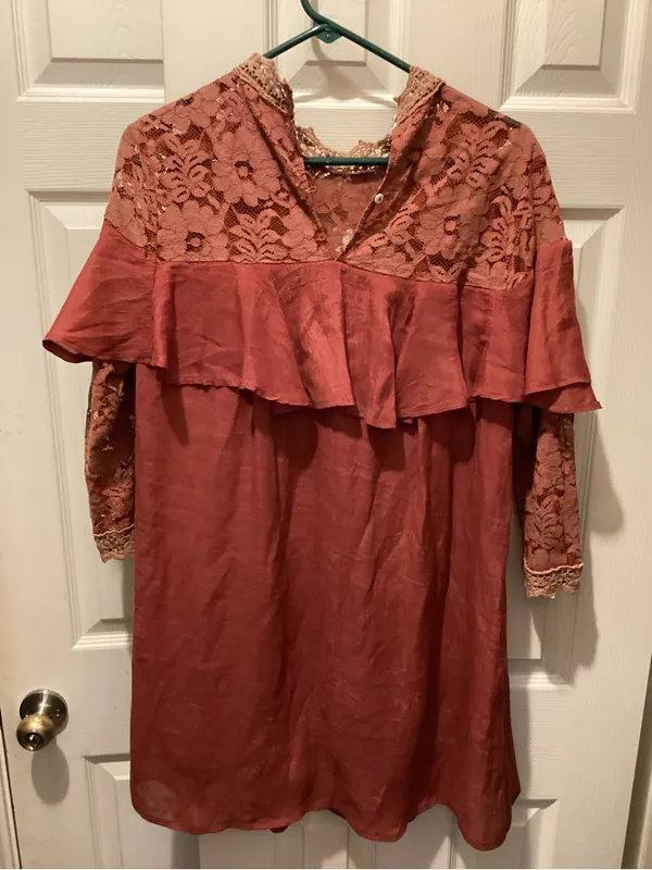 entro Rust Lace Yoke Ruffle Long Sleeve Dress - Image 5