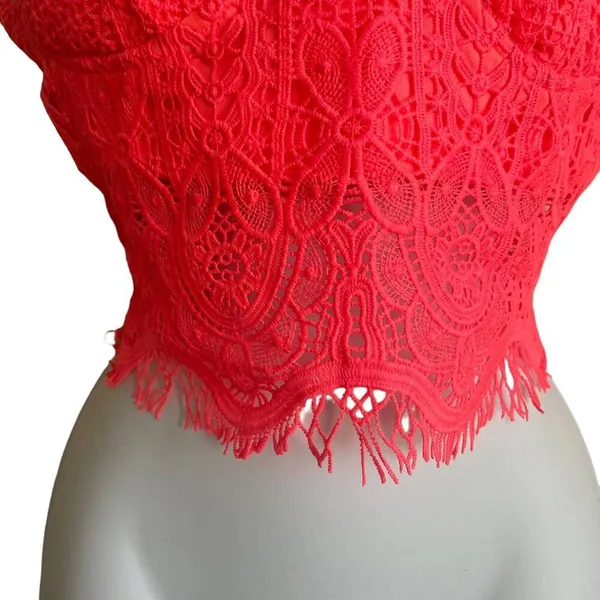 Y2K Women Coquette Festival Lace Crop Top‎ Corset L Neon Orange Smocked Bustier - Image 5
