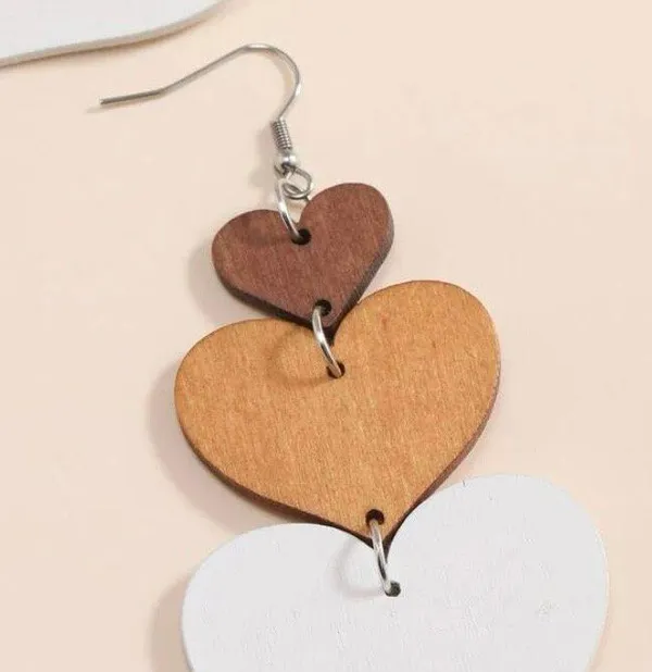 Pair of wooden earrings, dangle, heart, cute, layer, white, brown - Image 3