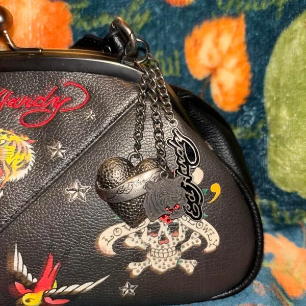 Ed Hardy Y2K Tattoo Embroidered Rhinestone Mini Handbag Purse Black NWT - Image 2