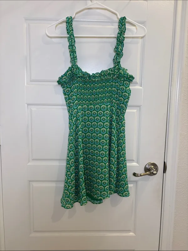 Zara Green Floral Daisy Print Mini Dress Ruffle Strap Smocked XS - Image 3