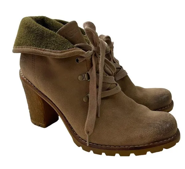 UGG Authentic Calynda Tan Mid Ankle Lace Up High Heel Boots Genuine Leather - Image 2