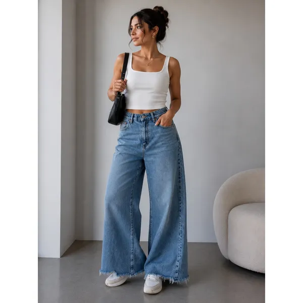 American Eagle 16 Jeans Super High Rise Baggy Wide Leg Raw Hem Blue Denim Grunge - Image 2