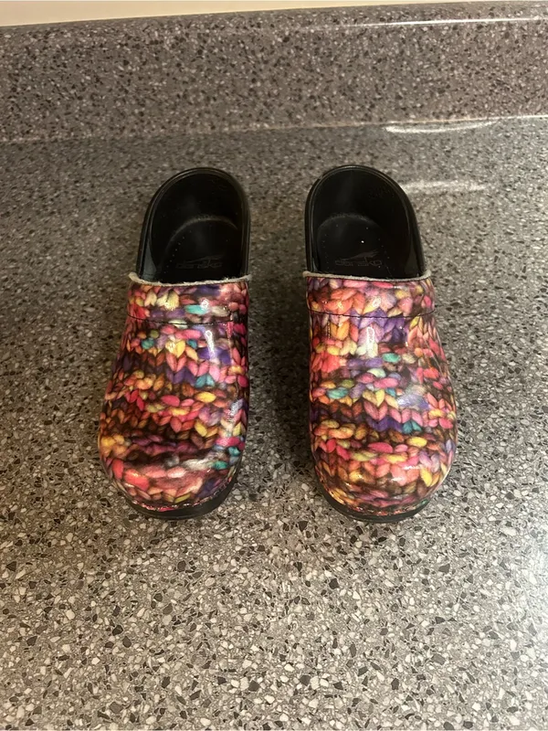 Dansko Multicolor Knit-Effect Clogs in Bright Rainbow - Image 4