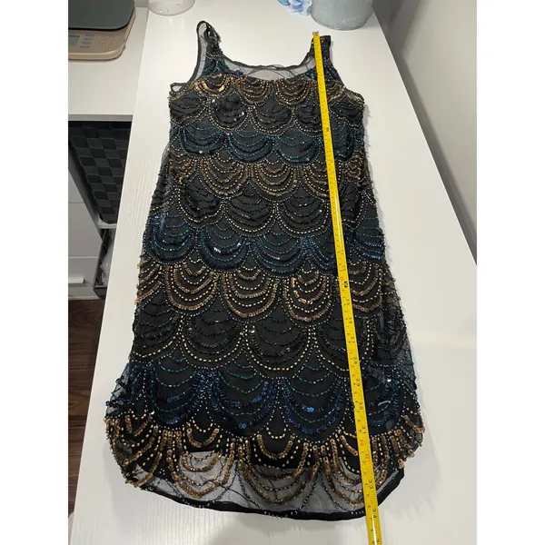 Vintage Art‎ Deco Beaded Scallop Mini Dress Navy Gold Iridescent Flapper - Image 9