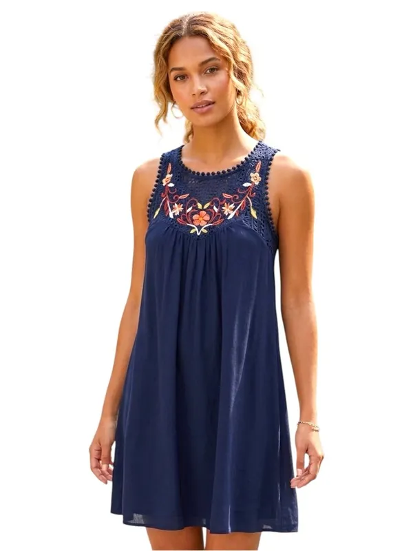 Xhilaration Boho Embroidered Lace Halter Dress Navy Blue Size S Mini Flirty - Image 12