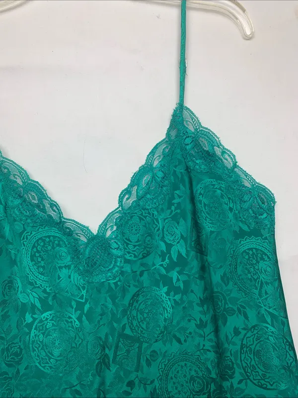 Victorias Secret size medium green paisley Lace Trim Teal Camisole Slip vintage - Image 4