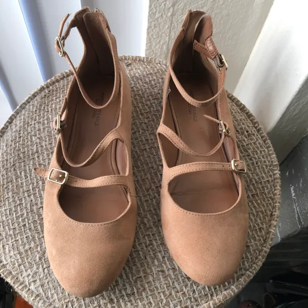 Brown faux suede tripe strap maryjane flats with buckle closure - Image 2