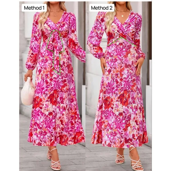 NEW Pink Floral Long Sleeve V Neck Belted Flowy Midi Dress S - Image 5