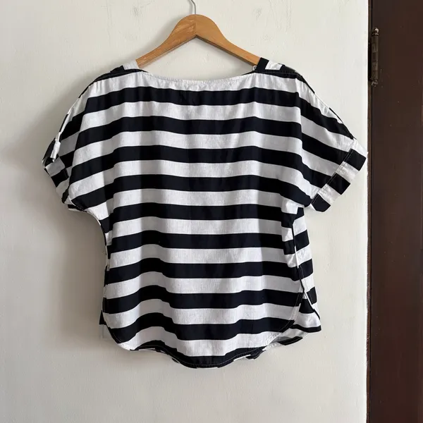 ZARA Linen Blend Black and White Striped Boxy Cap Sleeve Bateau Neck Shirt Large - Image 5