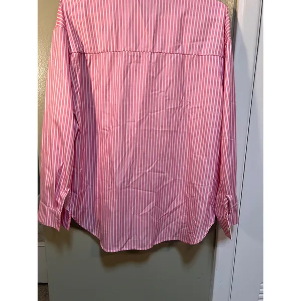 Womens Sz Medium Button Down Shirt Pink White Stripes Satin Long Sleeve Collared - Image 7