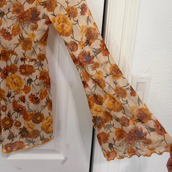 Floral Print V Neck Long Sleeve Bow Tie Front Sheer Blouse Top - Image 10