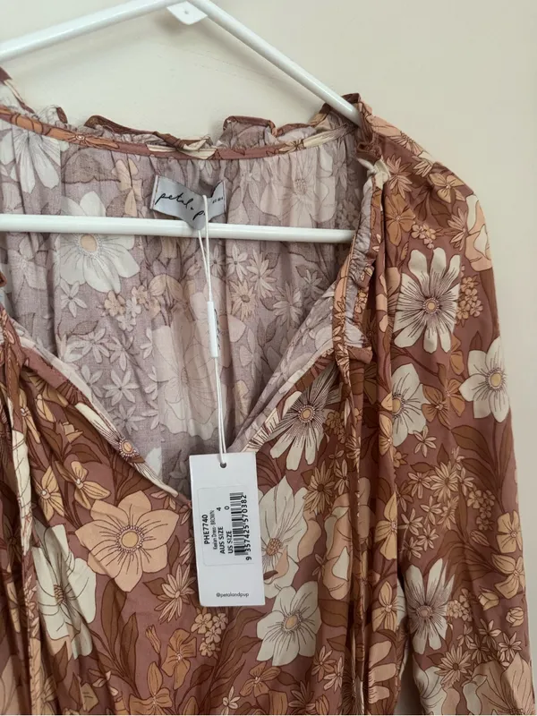 Petal & Pup Kealan Mini Dress Womens Size 0 Brown Floral Smocked Long Sleeve NWT - Image 6