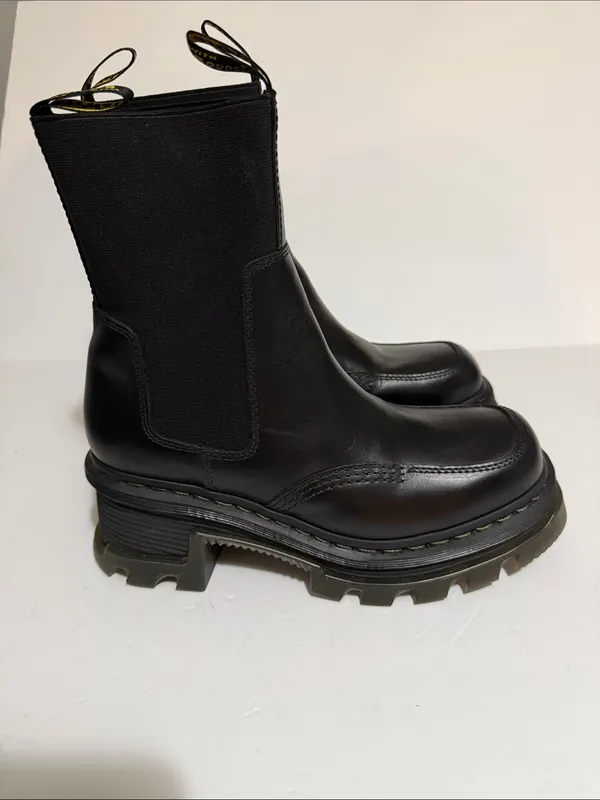 Dr. Martens Black Leather Platform Chelsea Boots with Yellow Pull Tab - Image 6