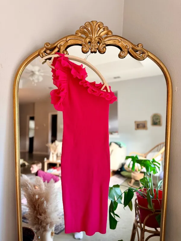 Milly pink ribbed one shoulder ruffle dress medium - Image 2