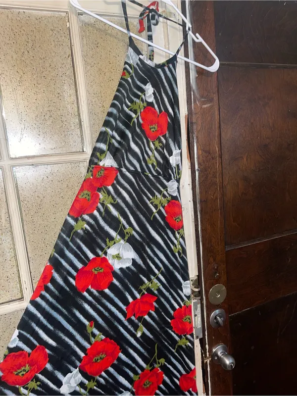 Vintage Floral Halter Zebra Maxi Dress, Red Floral on Black - Sz XS - Image 3