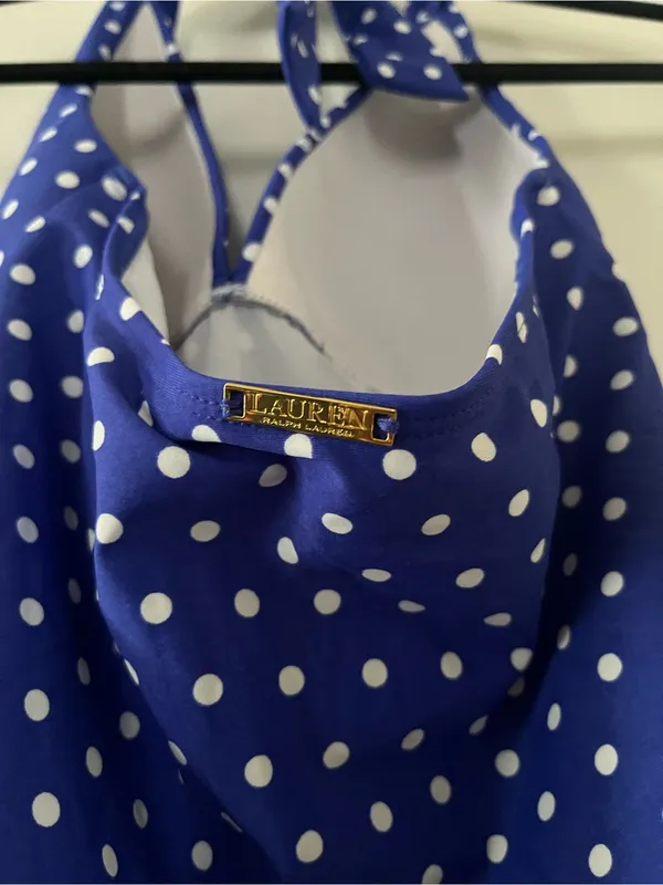 Lauren Ralph Lauren Blue White Polka Dot Halter One Piece Swimsuit 8 Ruched - Image 5