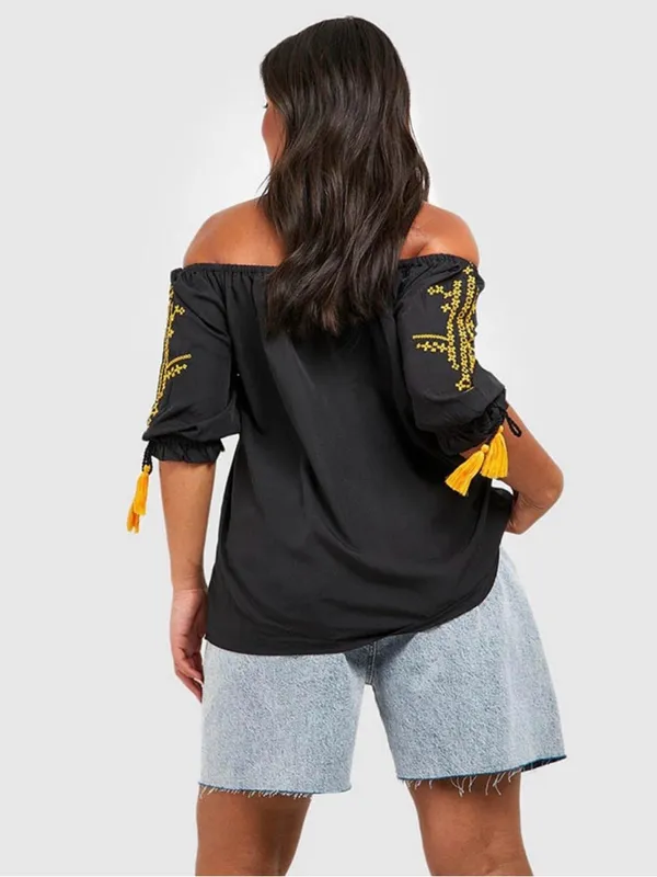 Boohoo Black Off-Shoulder Top with Yellow Artisanal Embroidery - Image 3
