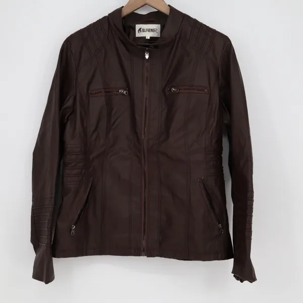 Blivener Jacket Womens Large Brown Faux Leather Full Zip Pockets Long Sleeve - Image 2
